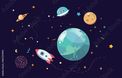 rocket in space earth and moon vector cartoon illustration
