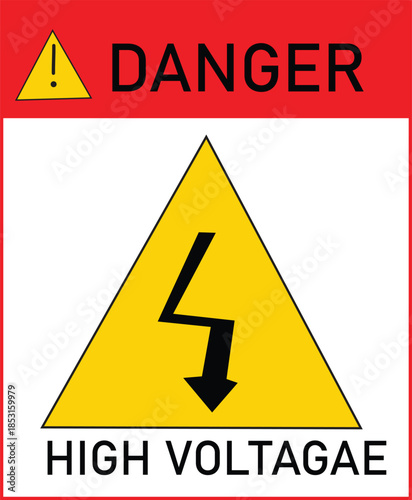 Danger High Voltage Warning Sign, Electrical Hazard Symbol with Alert Icon, Shock Risk Alert, High Voltage Safety Caution Pictogram.