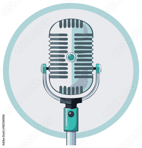 Retro microphone in a teal circle, vintage audio recording equipment illustration