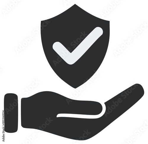 Offering Protection and Trust Symbol: Hand Holding Shield with Check Mark, Security and Assurance Icon