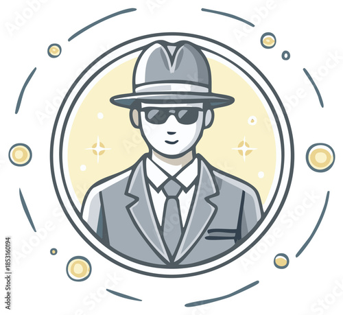 Illustration of a mysterious man in a suit and fedora with sunglasses