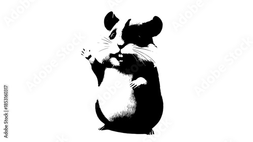 High-contrast black and white silhouette of a small mouse eating.