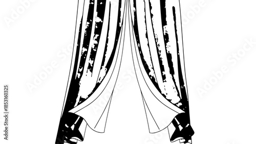 Black and white illustration of draped skirt split revealing boots and heels.