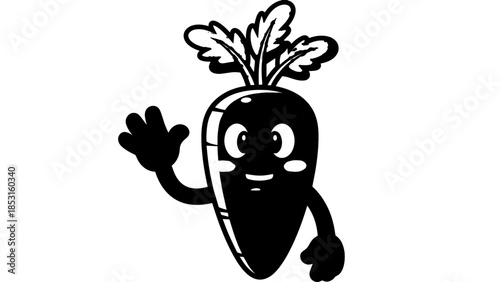 Friendly cartoon carrot character waving with leafy top.