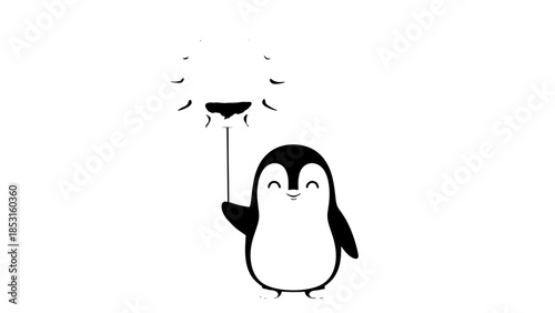 Cute cartoon penguin holding a smiling sun balloon illustration.