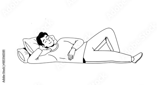 Relaxed man lying on a pillow and sleeping in a simple illustration.