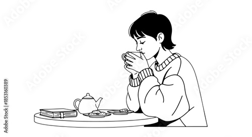 Young woman sipping tea at a table in calm monochrome illustration.