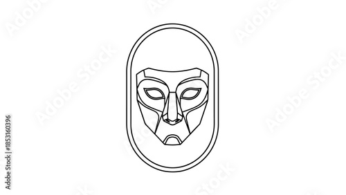 Minimalist outlined tribal mask illustration inside oval frame.