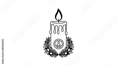 Hand drawn memorial candle with peace symbol and laurel wreath.