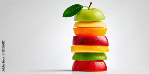 A tall stack of various fruit slices with copy space on a white background.