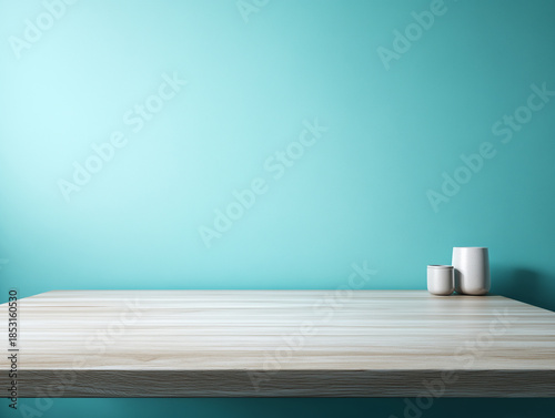 Empty white table top with light blue wall background for product display.