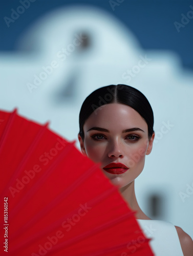 Close-up editorial fashion photography, elegant woman in her early 30s, dark hair holding a striking red parasol partly framing her face.