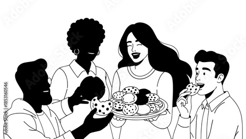 Diverse group sharing pastries and enjoying sweet treats together.