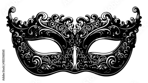 Ornate Black Venetian Masquerade Mask with Decorative Filigree Details.