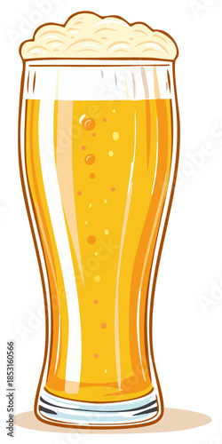 Refreshing Draft Beer in Tall Glass with Bubbles and Frothy Head Cartoon