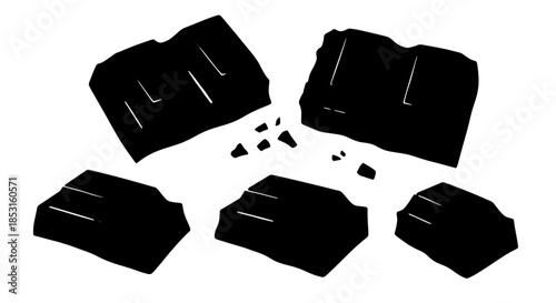 Broken chocolate bar pieces scattered with crumbs on white background.