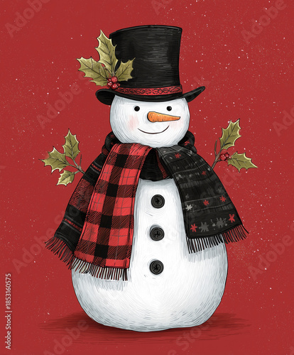 A snowman wearing a black hat and red scarf on a red background.