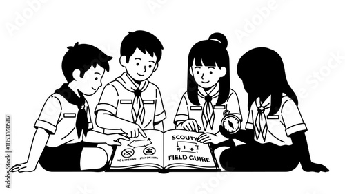 Children in school uniforms sitting together reading a book.