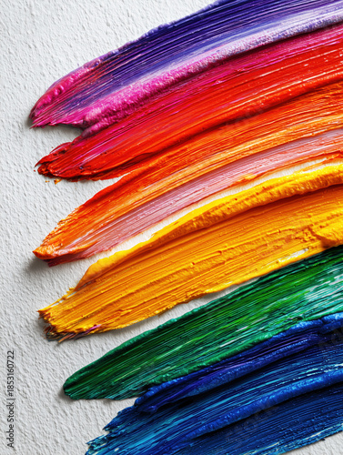 Rainbow paint brush strokes on a white background.