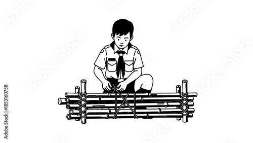 Young boy crafting a bamboo structure by hand.