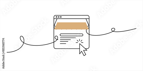 Minimalist continuous line art illustration of a browser window with a mouse click Vector, illustration