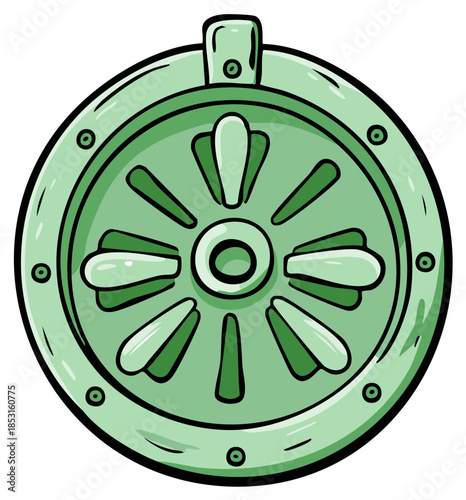 Cartoon illustration of a round green industrial valve wheel or bank vault door