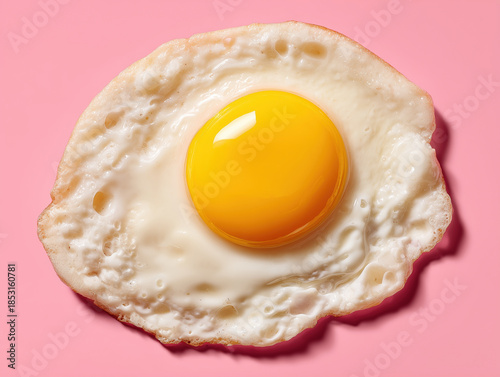 Fried egg close-up on a pink background, top view.
