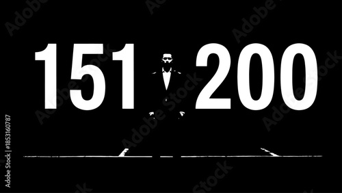 High-contrast monochrome composition with numbers and silhouetted suited figure.