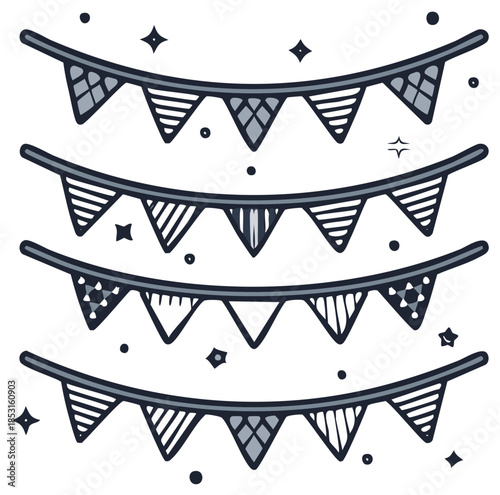 Set of hand drawn festive bunting flag garlands for party decoration