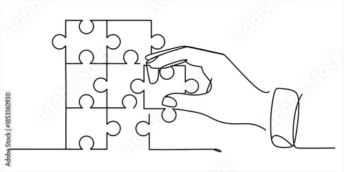 A continuous line drawing illustrating a hand placing the final piece of a jigsaw puzzle Vector, illustration