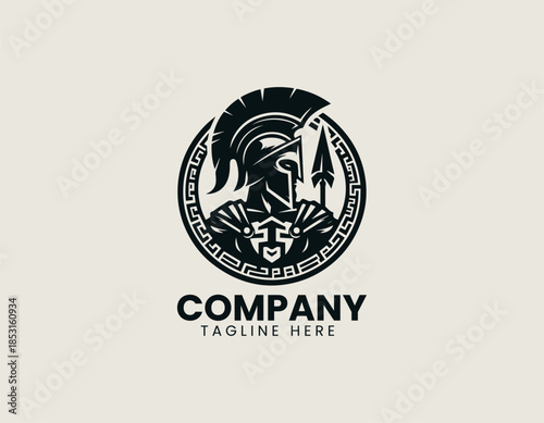 Greek spartan warrior character is illustrated as a disciplined heroic emblem in a strong black vector logo illustration