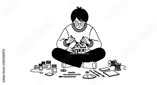 Illustration of a person engrossed in a creative hobby surrounded by tools and materials.