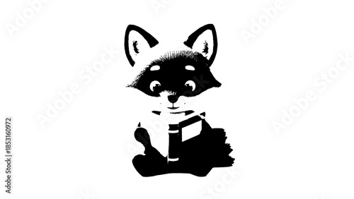 Cute seated fox cub illustration in black and white playful animal design.