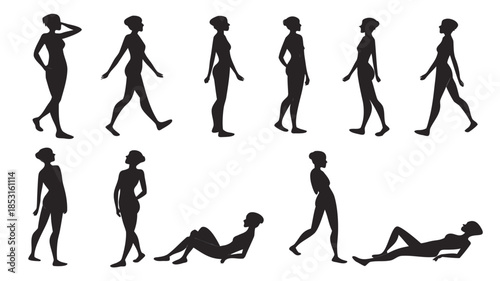 Vector illustration black silhouettes of a woman in different yoga poses