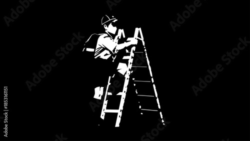 Person on a ladder painting a white wall against a stark black background.