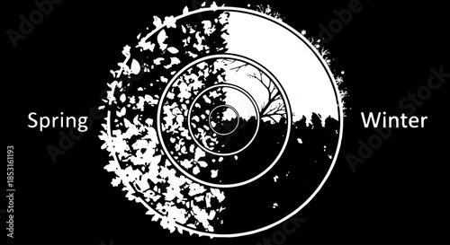 Silent circular floral motif representing seasonal transition between spring and winter in a high contrast design.