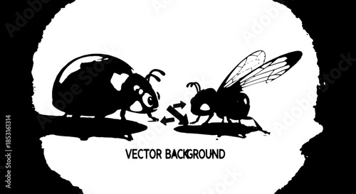 High-contrast black and white silhouette of a beetle and companion bug in vector style.