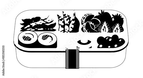 Colorful bento lunch box with fish, rice, and vegetables in a segmented tray.