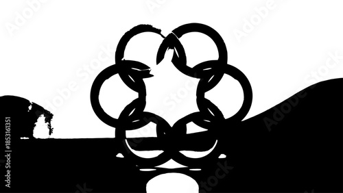 Silhouetted interlocking rings on water create abstract reflection and sport motif.