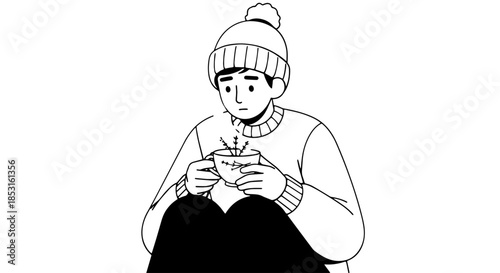 Young person in a knit beanie focused on their smartphone in a simple line art illustration.