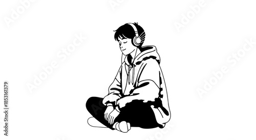 Minimalist black and white illustration of a seated girl in contemplative pose.