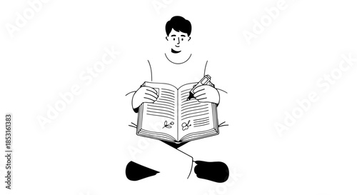 Illustration of a person reading a book with weights beside them, emphasizing leisure and study.