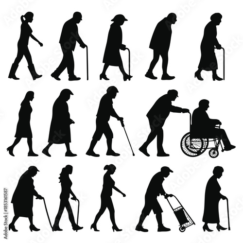 Vector illustration black silhouettes of people walking in various poses and using assistive devices