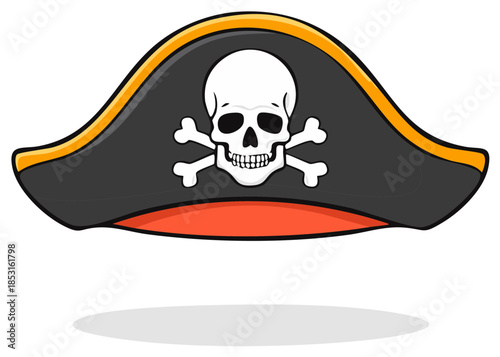 Classic black pirate hat with golden trim and iconic skull and crossbones symbol illustration