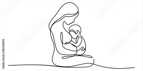 Mother and baby in continuous line art style Vector, illustration