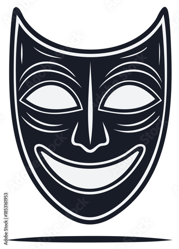Smiling Theatre Mask Graphic Isolated Black and White Illustration