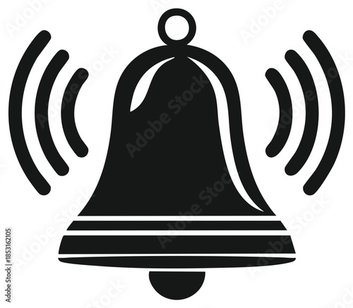 Ringing bell notification icon with sound waves Simple black vector silhouette for an alert or alarm