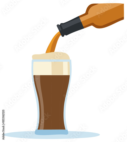 Illustration of dark beer being poured from bottle into a glass