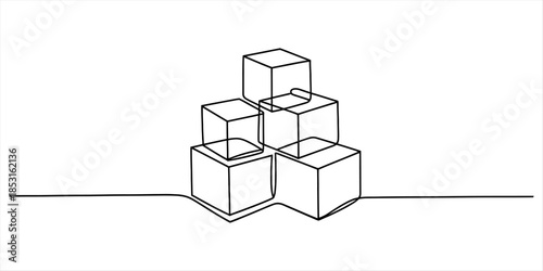 Stack of cubes drawn with a single continuous line Vector, illustration