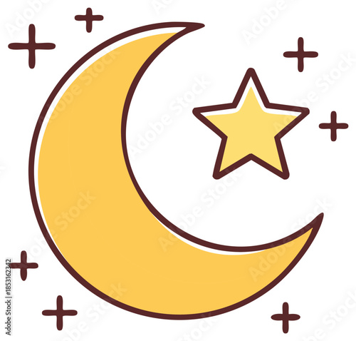 Crescent Moon and Star with Cross Symbols Yellow Night Sky Design